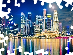 moon, skyscrapers, Town, night, Singapur, clouds