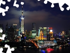Town, skyscraper, China, Night, Szanghaj