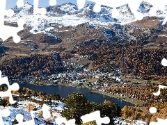 Valley, lake, Town, Mountains