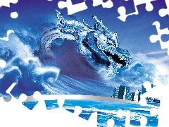 Town, Waves, water, sea, Dragon