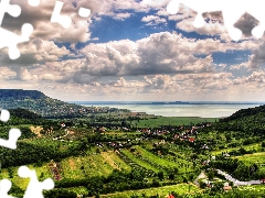 Mountains, towns, Hungary, woods, medows, Balaton, lake, field