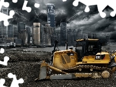 Town, bulldozer, tracks, dark