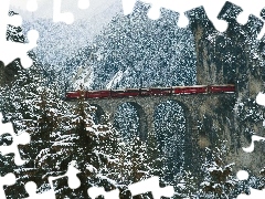 Train, winter, forest, tunnel, Mountains