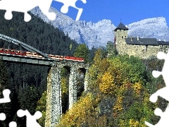 Train, woods, Mountains, bridge, Castle