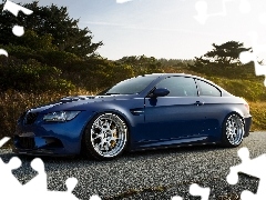 trees, viewes, BMW M5, Way, Blue