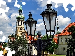 Lighthouse, Church, viewes, Houses, Prague, trees, clouds