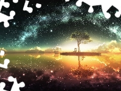 fantasy, star, trees, Sky