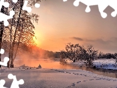 River, dawn, viewes, forest, winter, trees, Fog