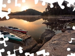 Kayaks, Platforms, Fog, Rocks, viewes, lake, Sunrise, trees