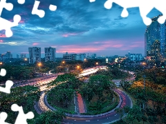 viewes, Jakarta, metropolis, west, Indonesia, skyscrapers, Streets, Sun