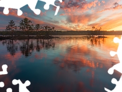 trees, viewes, Norway, Great Sunsets, Ringerike, lake, Islets, clouds