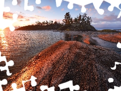 trees, viewes, Russia, clouds, Karelia, rocks, Lake Ladoga, Sunrise