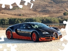 viewes, slope, River, trees, Bugatti Veyron Super Sport