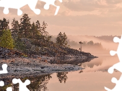 trees, viewes, Russia, reflection, Karelia, Fog, rocks, Lake Ladoga