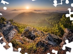 rocks, Sunrise, Slovakia, Fog, viewes, carpathians, Mountains, trees