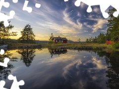 trees, viewes, Norway, clouds, Ringerike, Houses, Vaeleren Lake, reflection