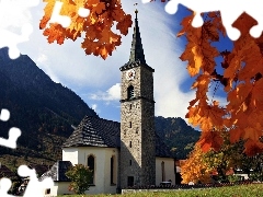 trees, viewes, Mountains, church, Bavaria