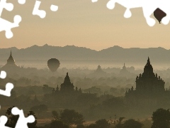 trees, viewes, Fog, Balloons, buildings