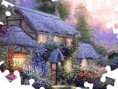 trees, Garden, picture, Flowers, house, viewes, Thomas Kinkade