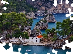 rocks, chapel, trees, viewes, lake, Mountains