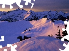 trees, viewes, Covered, snow, Mountains