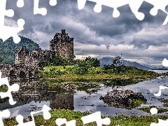 trees, viewes, Castle, River, Old car