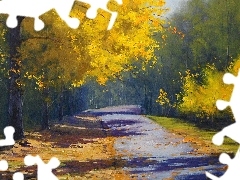 trees, viewes, Way, Yellow, picture