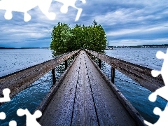 trees, viewes, lake, Island, Platform