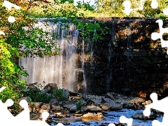 trees, viewes, waterfall, Stones, River