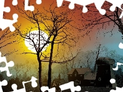trees, viewes, sun, Windmill, west
