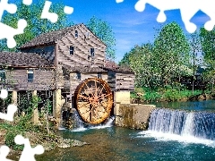 trees, viewes, cascade, water, Windmill