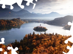 Blejski Otok Island, autumn, Lake Bled, Church of the Assumption of the Virgin Mary, clouds, Slovenia, trees, viewes, Mountains