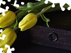 Yellow, wooden, trunk, Tulips