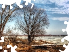 viewes, River, bath-tub, clouds, winter, trees