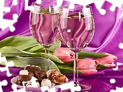 Wines, Two, Tulips, pralines, Pink, Lights