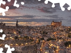 town, Toledo, twilight, Spain, light, panorama