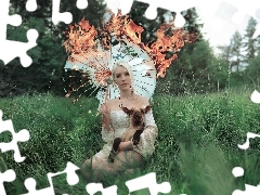 sheep, Women, Umbrella, grass, burning, Blonde