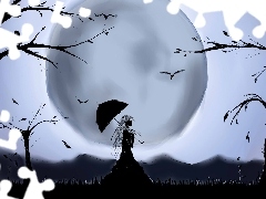 trees, viewes, Women, Umbrella, moon