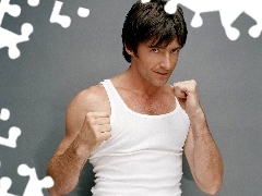 Hugh Jackman, White, under-shirt, fists