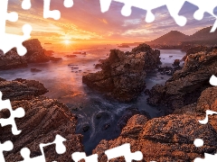 Big Sur, sea, Great Sunsets, rocks, Stones, California, The United States, mountains