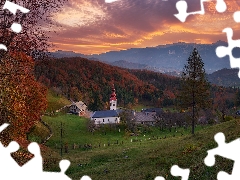 Church, Mountains, trees, Valley, Slovenia, autumn, viewes