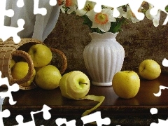 narcissus, apples, Vase, basket