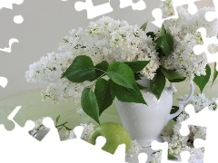 White, apples, Vase, Lilacs