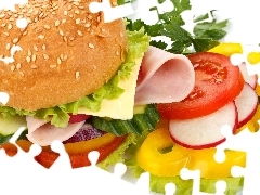 hamburger, ham, vegetables, cheese