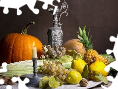 vegetables, Fruits, pumpkin, Grapes, Candle, composition, nuts, pitcher, Pineapples