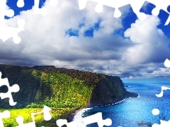 Cliffs, clouds, VEGETATION, sea