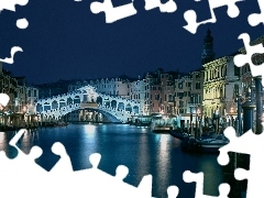 Venice, Night, Houses, canal, bridge