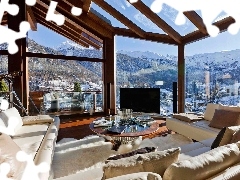 View, Mountains, interior, Windows, house