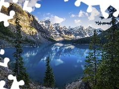 Mountains, Canada, lake, clouds, reflection, Spruces, viewes, Province of Alberta, Banff National Park, trees, Moraine Lake