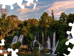 viewes, River, rocks, trees, Kravica Waterfalls, VEGETATION, Bosnia and Herzegovina